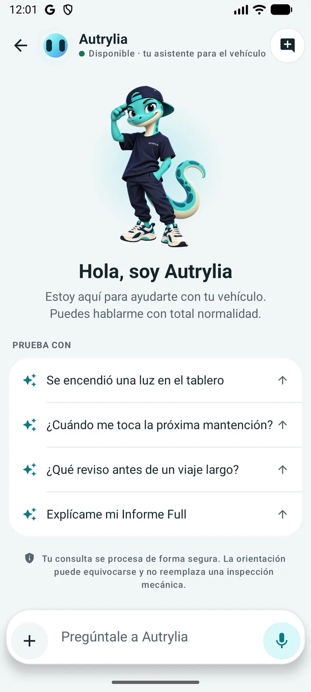 Asistente Autrylia con sugerencias para empezar, fotos y micrófono