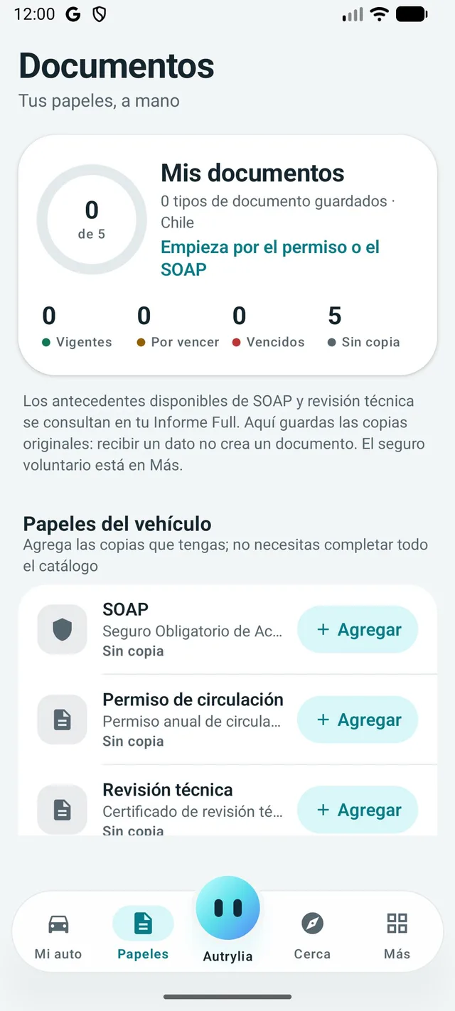 Documentos del vehículo: copias guardadas, vigencia y SOAP, permiso y revisión técnica