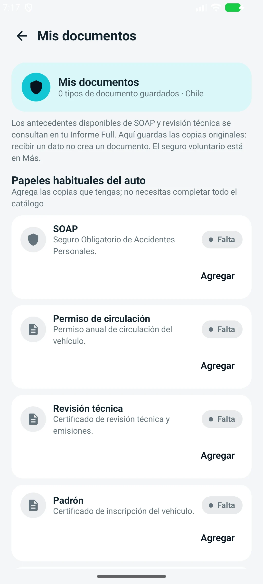 Pantalla real de Autrylia para guardar documentos del vehículo