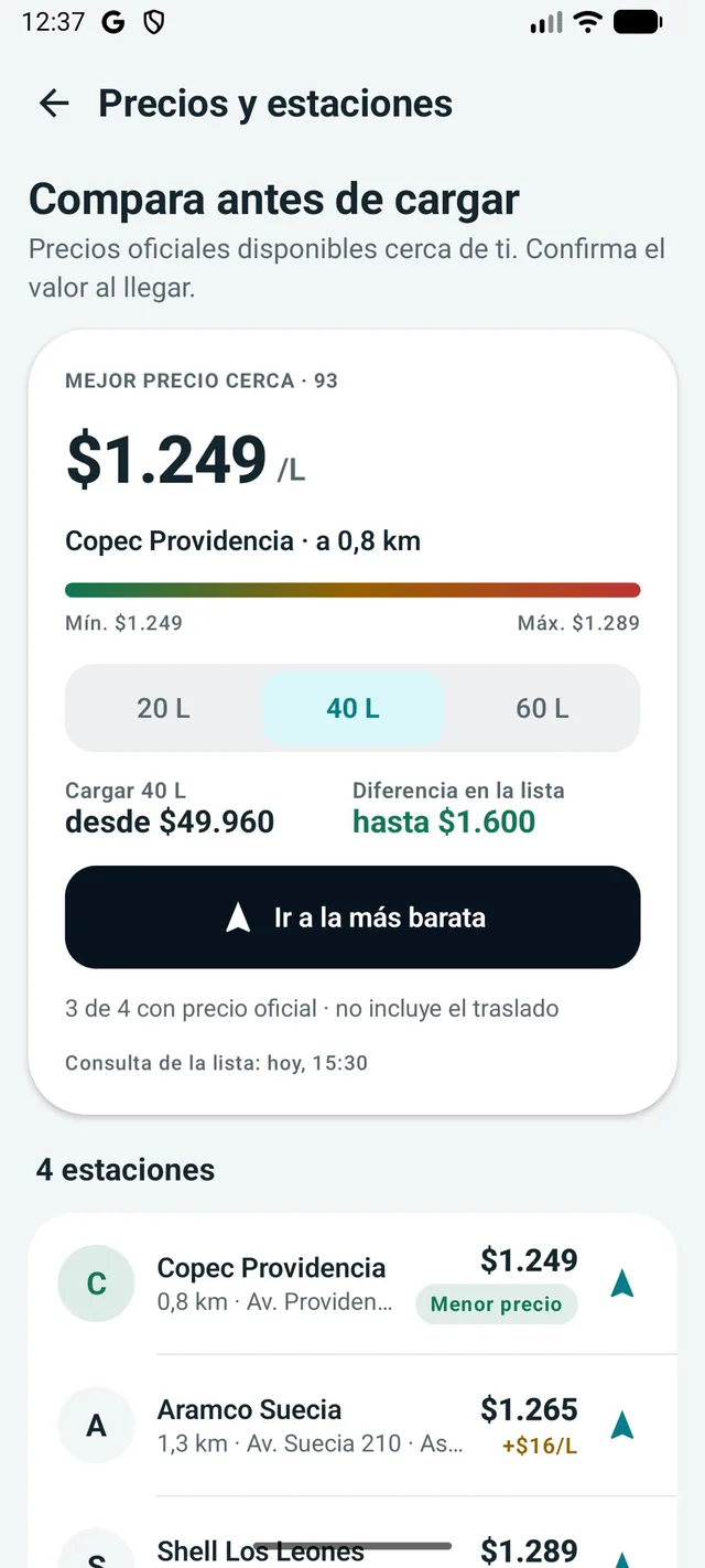 Comparación de precios de bencina en Autrylia: mejor precio cerca, rango de precios y estaciones ordenadas