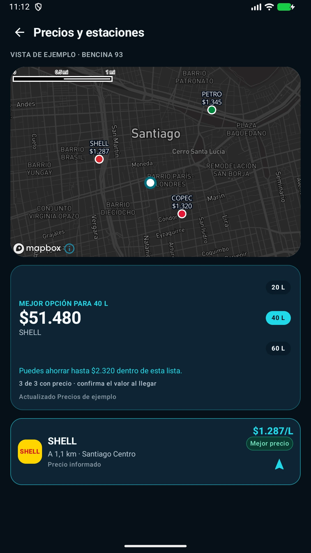 Mapa de Autrylia con estaciones de servicio y precios de ejemplo